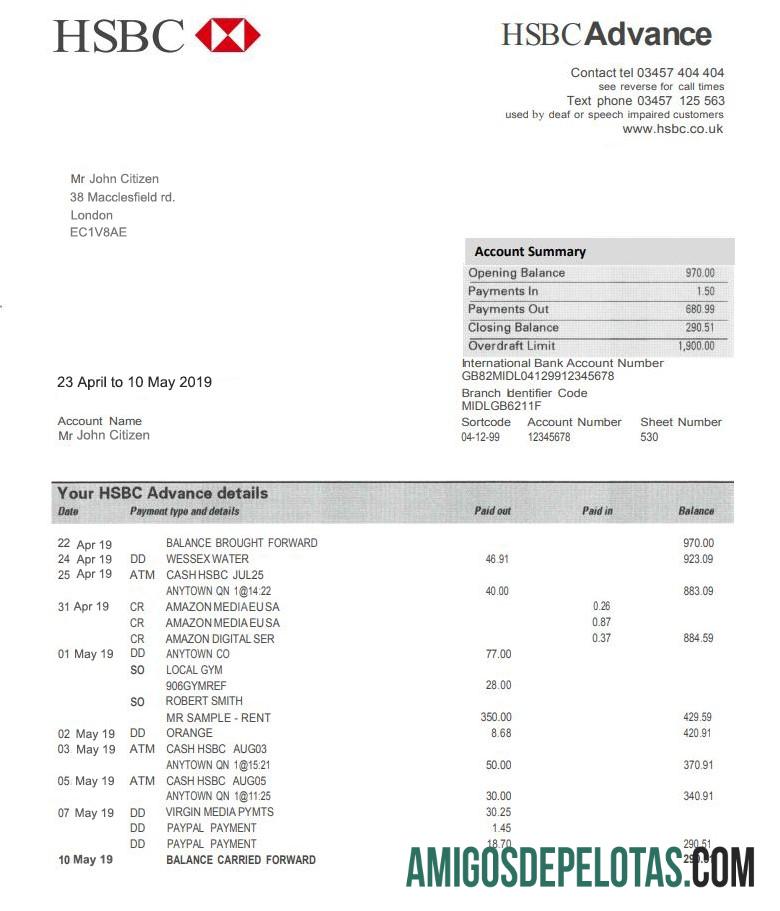 modelo de comprovante de endereço do banco HSBC em branco do Reino Unido em formato PSD, totalmente editável